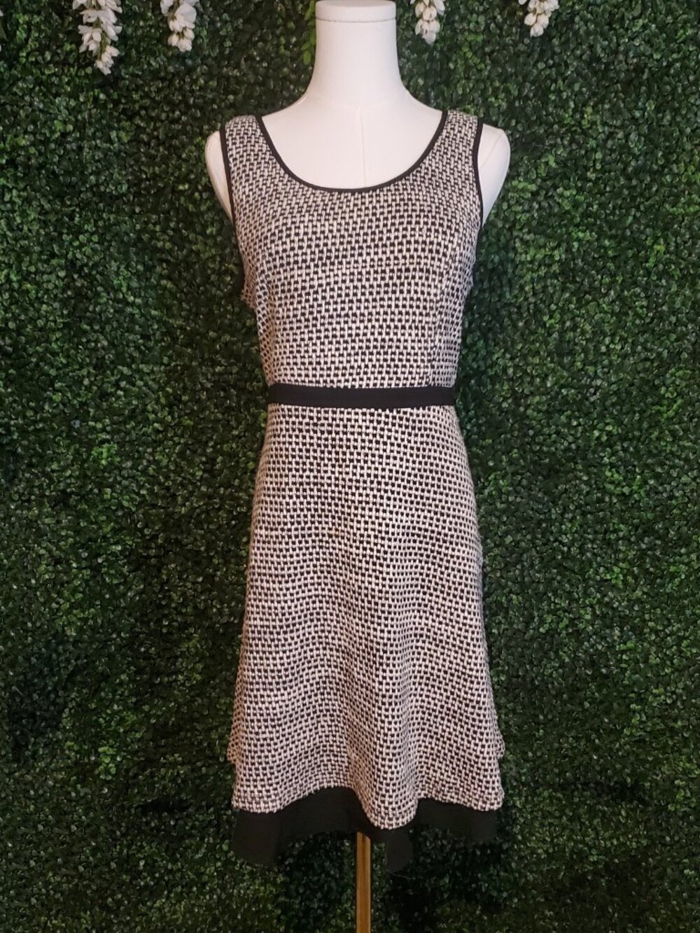 A'reve Black White Tweed Knit Open V Back Tie Bow Fit & Flare Dress Lined L